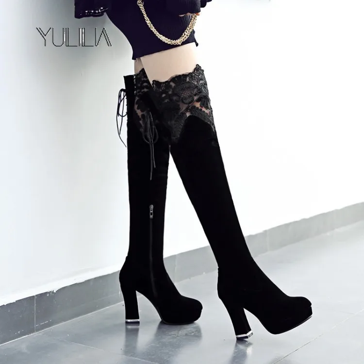

YULILIA Winter New Korean Style Trendy Women's Thick High Heel Over The Knee Boots With Lace Large Size Woman Office Ladies Girl