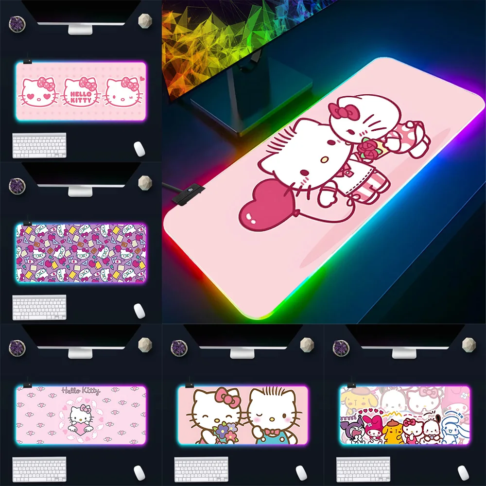 

RGB Cute Pink Hello Kitty Pc Gamer Keyboard Mouse Pad Mousepad LED Glowing Mouse Mats Rubber Gaming Computer Mausepad