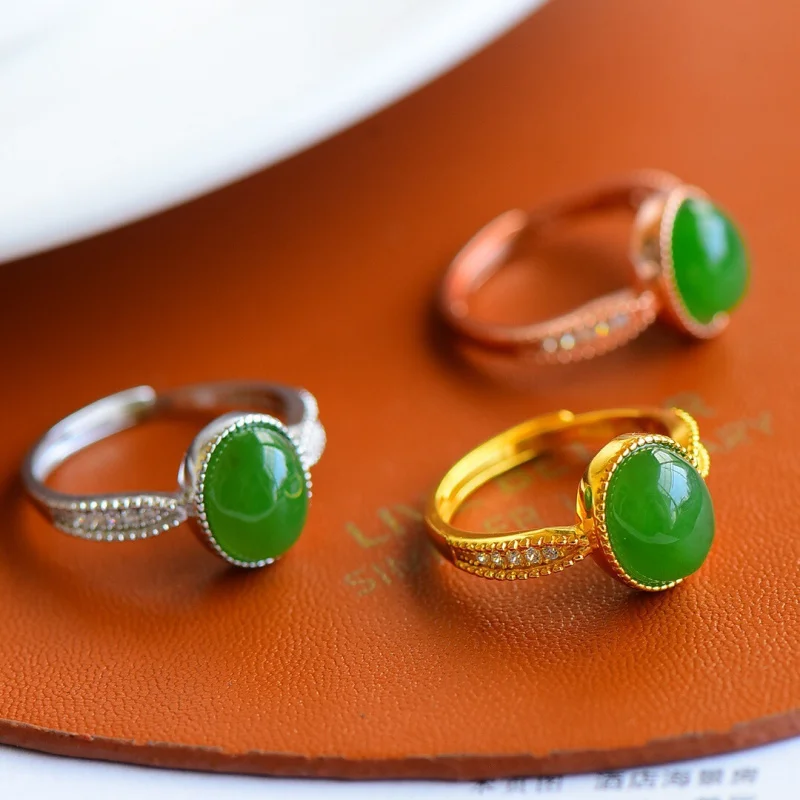

S925 Silver Inlaid Natural Hetian Jade Jasper Oval Cabochon Women Jewelry Ring