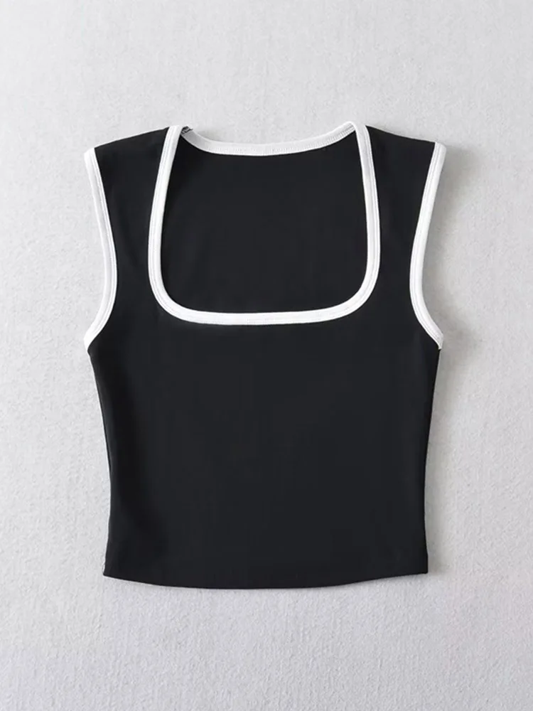 Woman Fashion Slim Solid Contrust Camis Casual Sleeveless Tanks Square Collar Crop Tops Clothing Streetwear Mujer 2024 Y2k