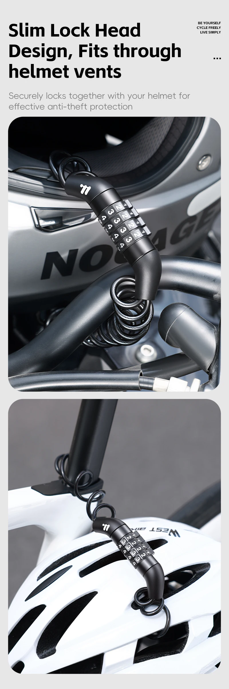 WEST BIKING Fahrradhelm-Schloss, 4-stellige Zahlenkombination, Kabel, Diebstahlschutz, tragbar, spiralförmig, Sicherheit für Radfahren, Motorradzubehör – Detail 9