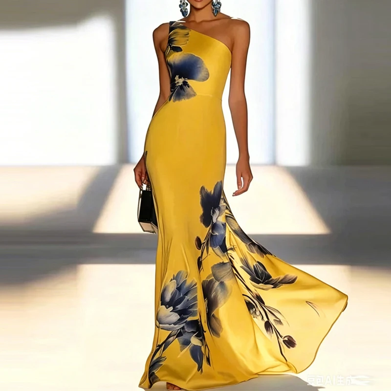 Robe de soirée élégante à imprimé, taille haute, sexy, épaules dénudées, sans manches, ajustée, dos nu, plissée, longue, pour femme
