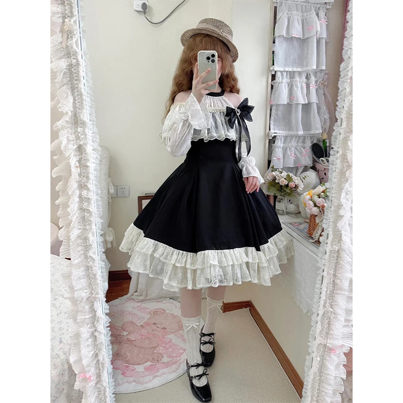 2026 new Kawaii Lolita Bow Mini Dress Women Summer Vintage Flare Long Sleeve Harajuku Cutecore Lace Halter Dresses