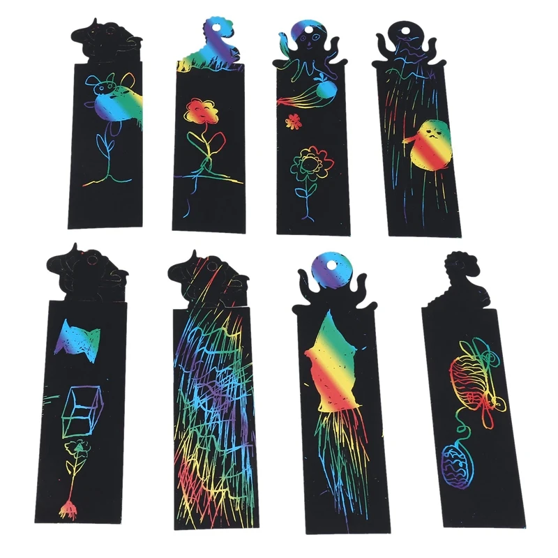 Hot-A39R-48PCS Kids Rainbow Bookmarks Scratch Art Party Bag Fillers Animal Craft DIY Scratch Paper Art Tags