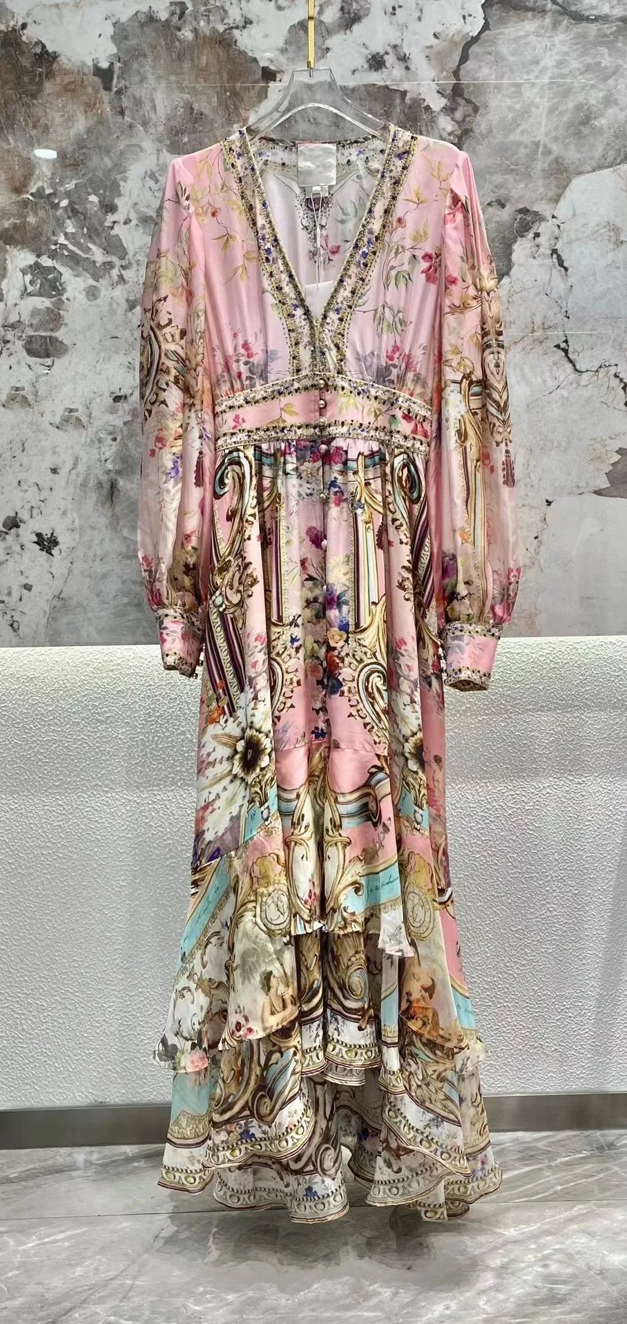 Heavy Beaded Women's Silk Multi-layer Pink Robe Flower Printed V-Neck High Waist Long Sleeve Elegant Female Maxi Dress