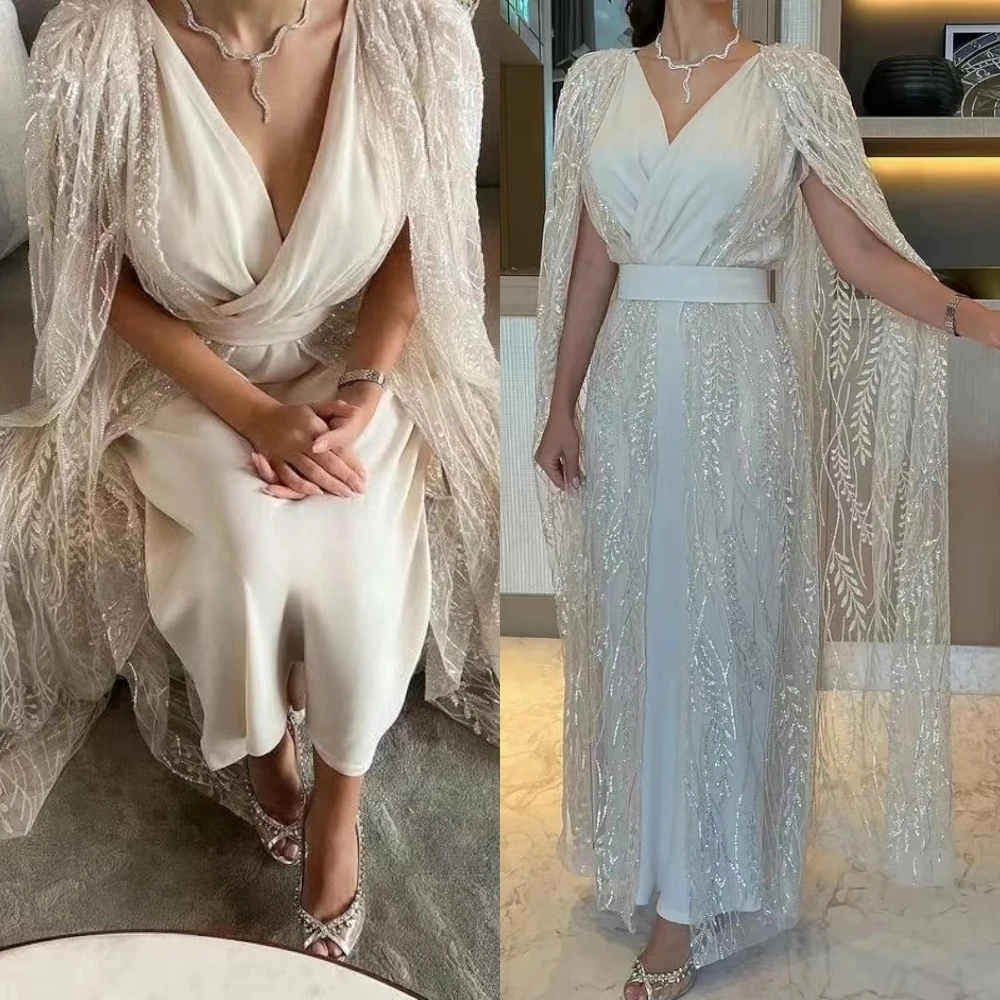 

Customized Formal V-Neck Evening Dress Exquisite Long Sleeves Prom Dresses Temperament Beading Special Occasion Gowns