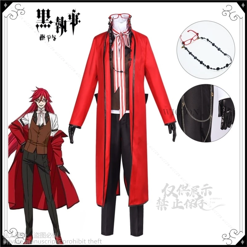 Anime Black Butler Grell Sutcliff Michaelis Cosplay Costume Wig Uniforms Cosplay Halloween Party Unisex Fancy Red Suit Glasses