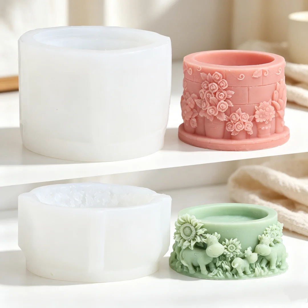 3D Relief Flower Cow Family Candle Holder Silicone Mold Rose Sunflower Cylinder Candlestick Mold DIY Candlestick Making Home Dec