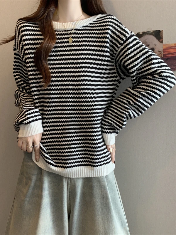 سترة محبوكة مخططة حمراء غير متناظرة للنساء فضفاضة تناسب غير رسمية Sle الكورية Faion با القوس عقدة