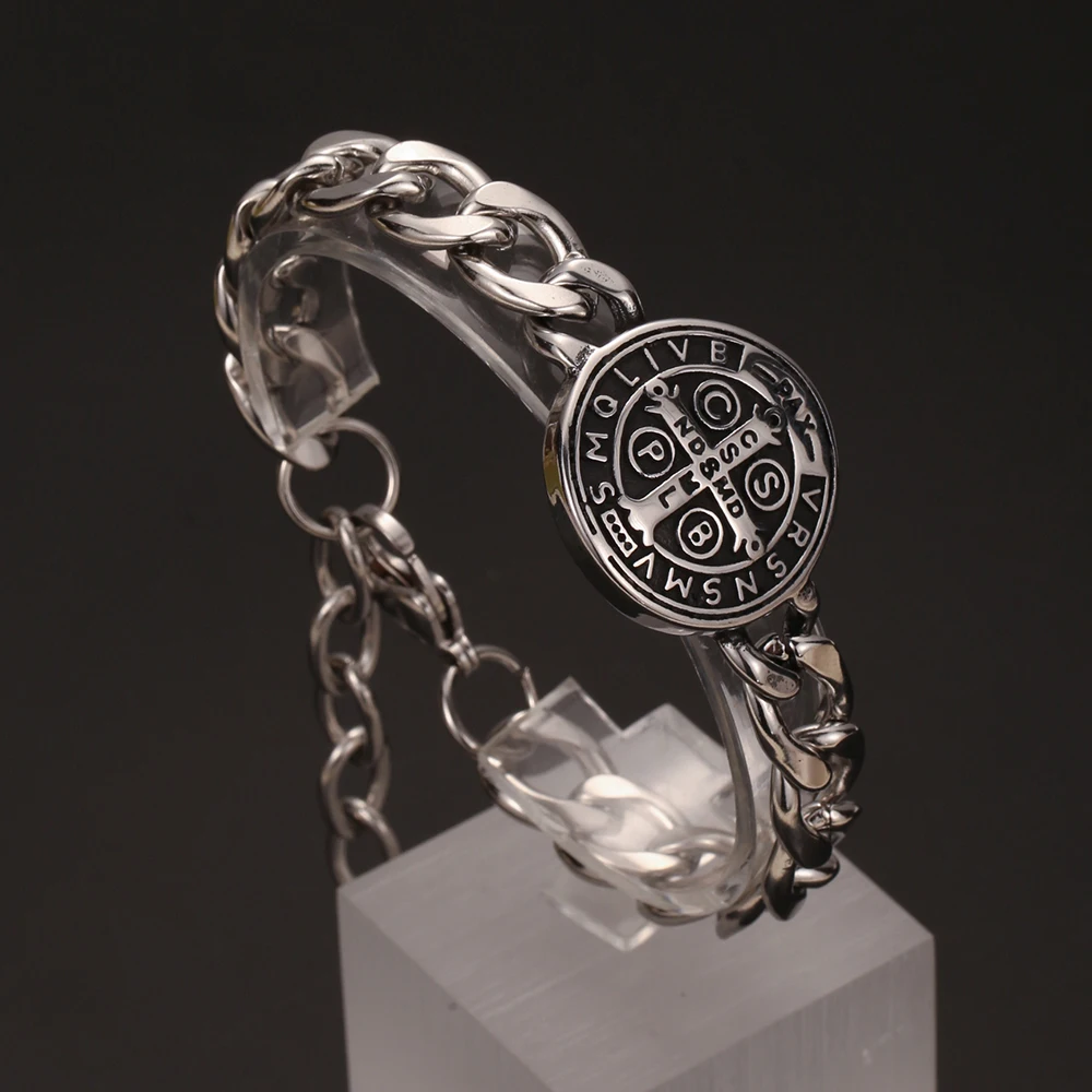 1 قطعة INGX خمر سانت سانت بنديكت أساور للرجال سلاسل الفولاذ المقاوم للصدأ سان بينيتو سوار رجل الحماية الروحية