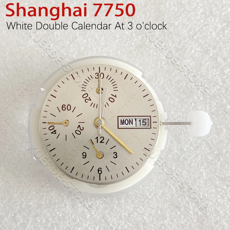 Shanghai 7750 Automatisches Chronographen-Uhrwerk mit 6/9/12 Hilfszifferblättern und Tag/Datum-Anzeige bei 3 Uhr, 25 Steine, Ersatzmechanismus