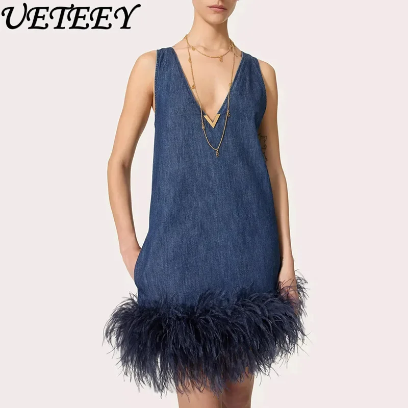 European and American Style Denim Short Dress Autumn New Sleeveless V-neck Denim Splicing Feathers Slim Thin Dresses for Women