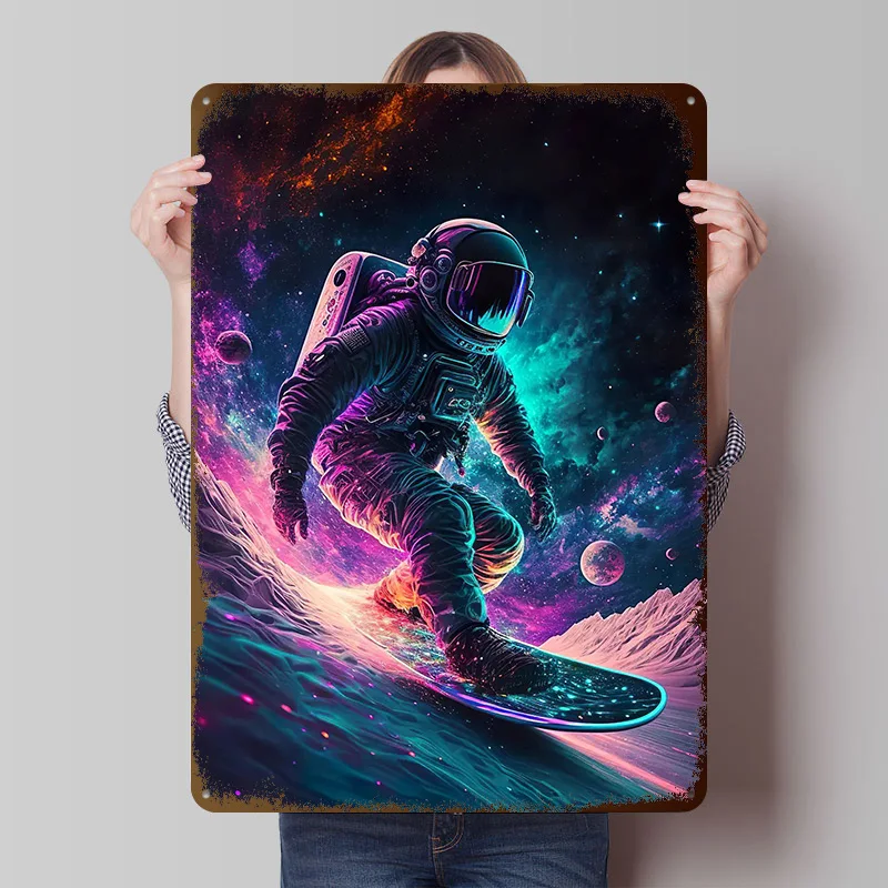 Space Surfer Tinplate Poster Custom Wall Art Vintage Metal Signs Retro Tin Plaque for Desk Decor Room Bedroom Decoration Garage