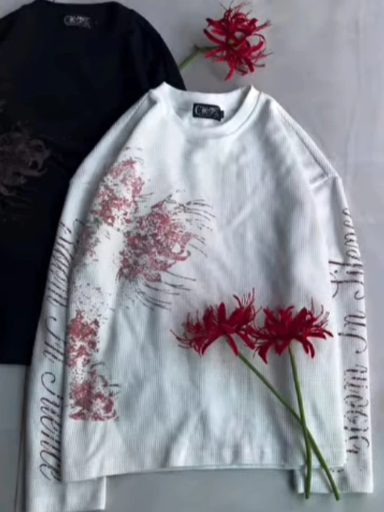 T-shirt à manches longues en tricot gaufré, imprimé floral, décontracté, pour hommes et femmes, streetwear, vêtements de mode, c