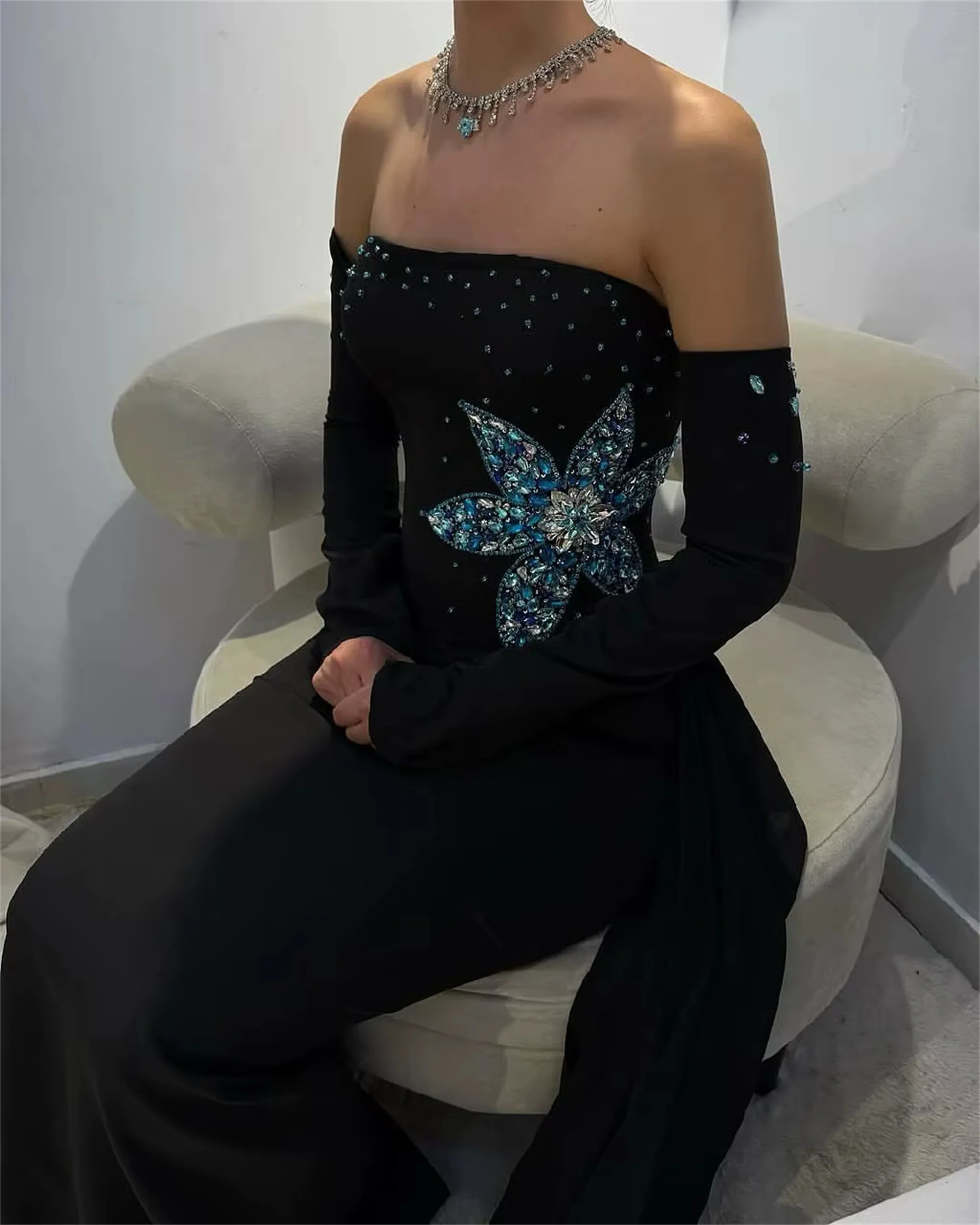 فستان سهرة بكريستال زهرة سوداء قابل للفصل وأكمام طويلة فستان حفلة كوكتيل عربي مخصص في دبي فساتين لحضور الحفلات الموسيقية EVON BRIDAL #2