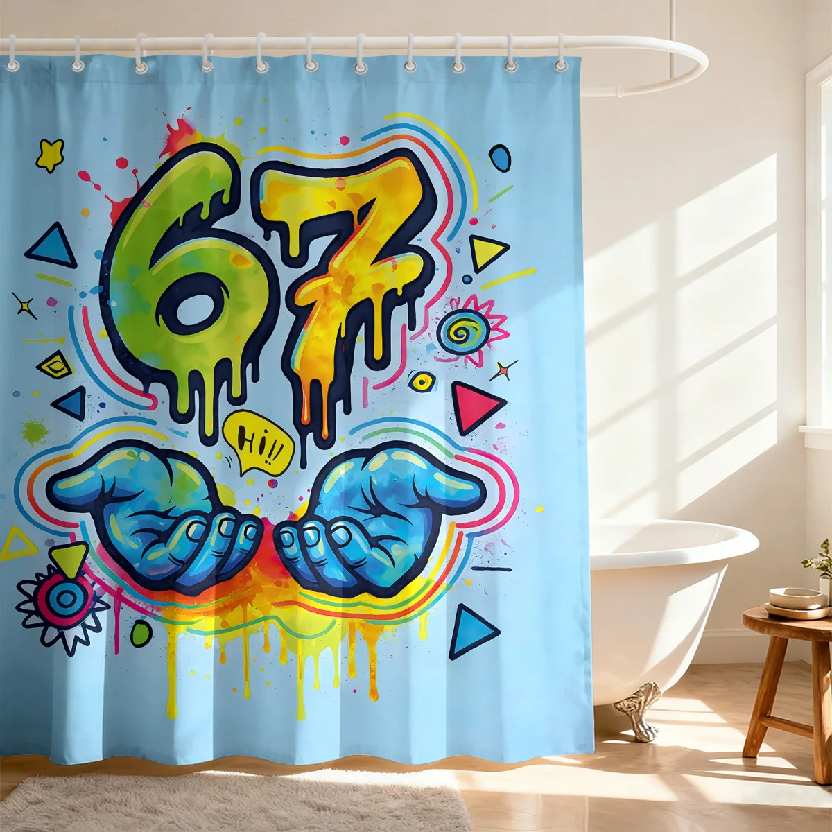 Graffiti Style Pop Art Shower Curtain Number 67 Fun Kids Bathroom Decor Waterproof Colorful Home Accent Bath Curtain