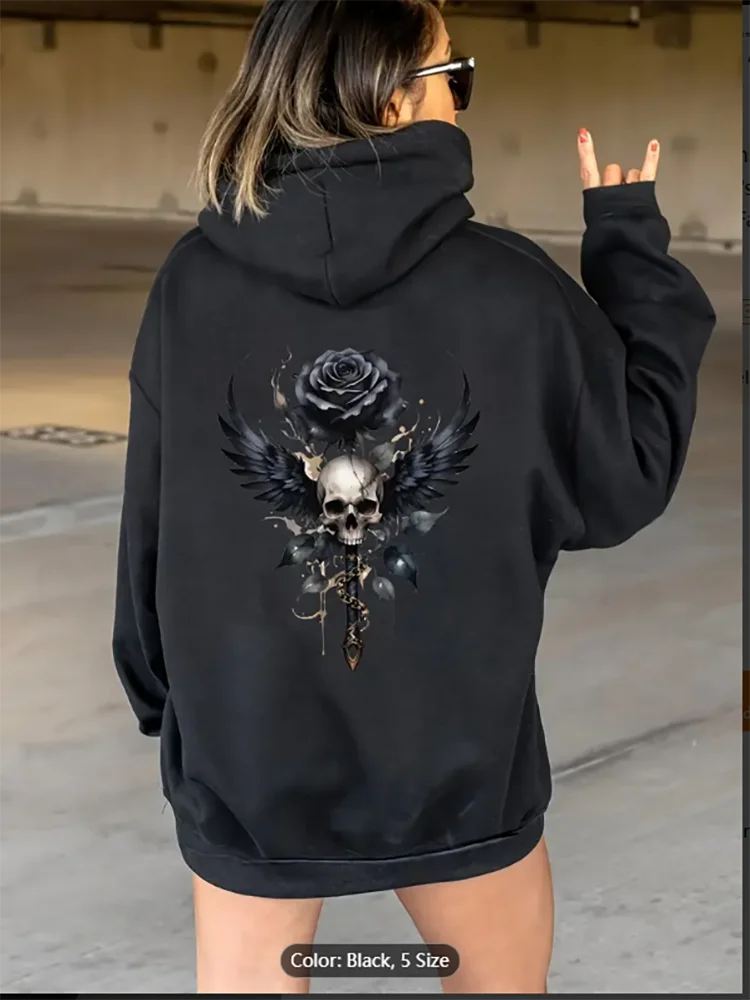 

Готический свитшот с крыльями черепа Готический дизайн с крыльями черепа и розой Женская повседневная толстовка с капюшоном из трикотажной ткани - всесезонная мода