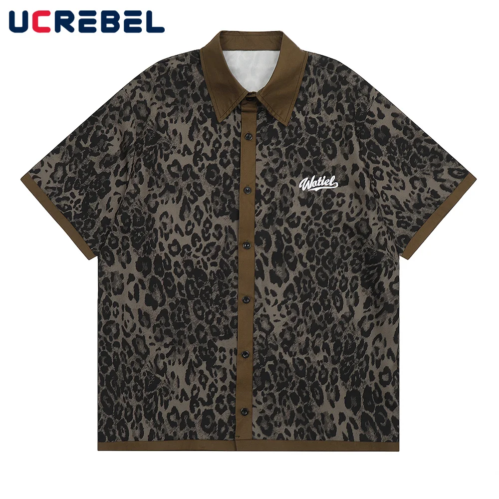 Leopard Print Short Sleeve Shirts Mens Letter Embroidery Summer Streetwear Lapel Single Breasted Half-Sleeve Shirts Men