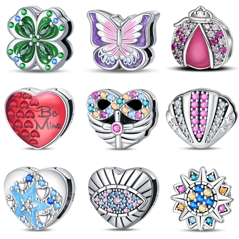 100% 925 Sterling Silver Butterfly Protection Heart Charms Flat Bead Fit Pandora 925 Original Bracelet DIY Birthday Jewelry Gift