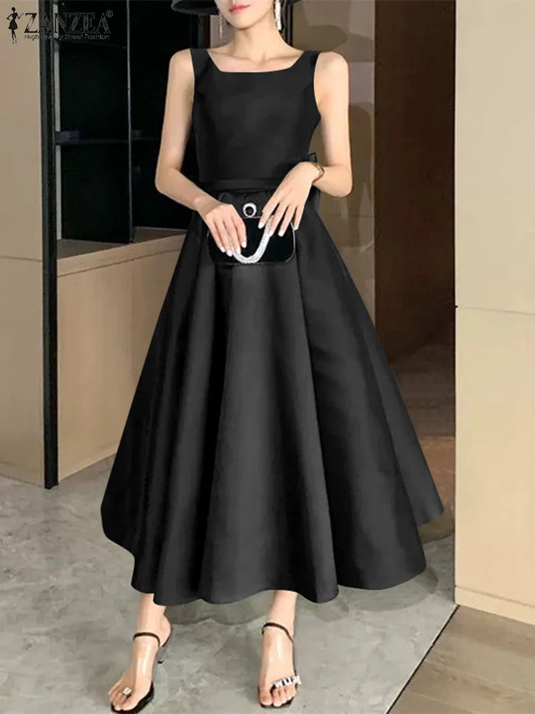 فستان ZANZEA أنيق طويل بدون أكمام للنساء فستان صيفي موضة 2025 بدون أكمام من الحرير الساتان فيستدو بفيونكة خلفية مثير للحفلات المسائية #2