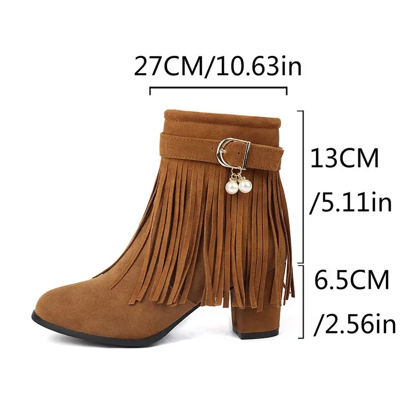 

ORCHA LISA/Модные женские ботильоны для зрелых женщин, круглый носок, 6,5 см, блочный каблук, молния, ремень, пряжка, декор с бахромой, большой размер 43, мода