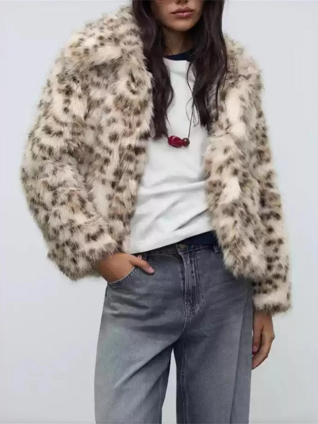 فضفاضة تناسب طويلة Sve فو الفراء طوق Jaet المرأة عادية Sle الخريف الشتاء جديد وصول ملابس خارجية معطف ليوبارد نمط