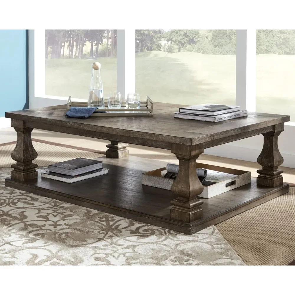 Johnelle farmhouse coffee table in weathered grey finish，40 L x 54 W x 17.75 H inches