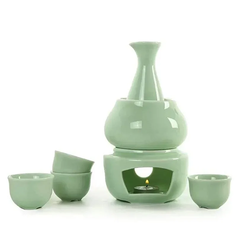 Ceramic Sake Set with Warmer Include 1pc Sake Bottle, 4pc Sake Cups, 1pc Warmer Cup, 1pc Candle Heating Stove