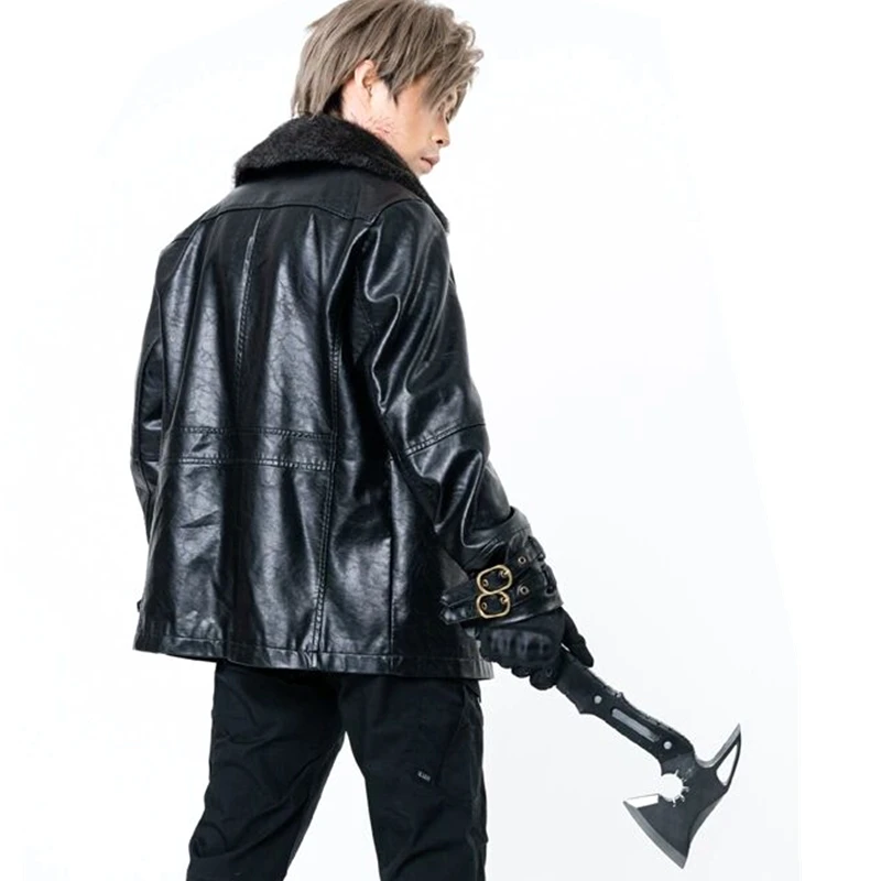 Game Biohazard Resident 9 Requiem Leon Scott Kennedy Cosplay Costume Black Faux Leather Jacket Coat With Faux Fur Collar For Man