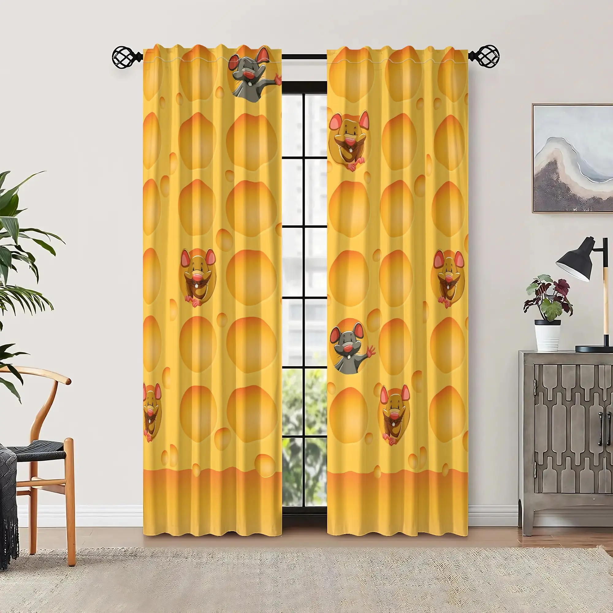 Cute cheese mouse pattern curtains, pole-mounted installation. Suitable for living rooms, bedrooms, dining rooms and hotels