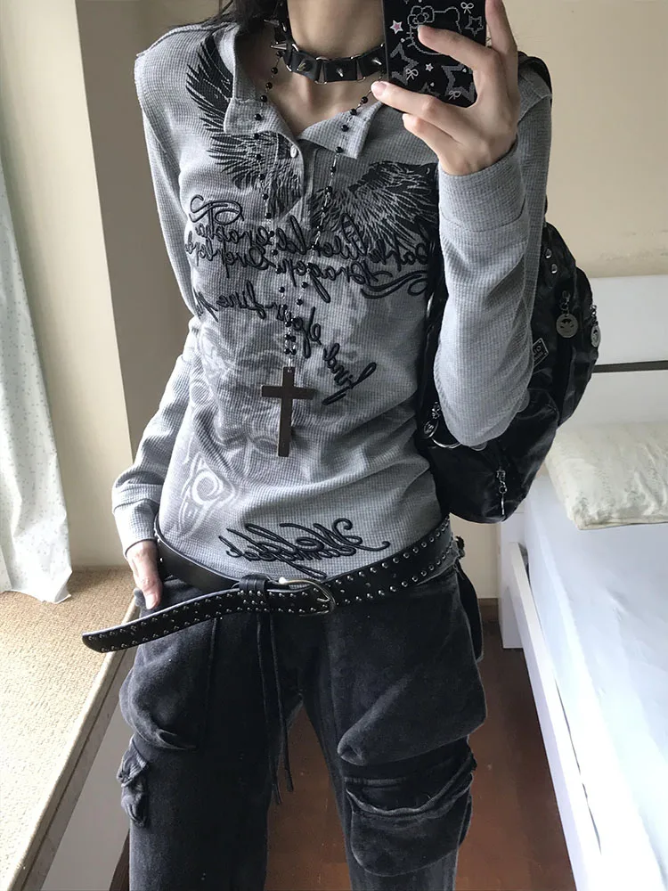 レトロアメリカントーテムプリント Wfle ヘンリーカラー ロングスリーブ Tシャツ レディース 秋 ベースレイヤー イート スパイシーガールトップ