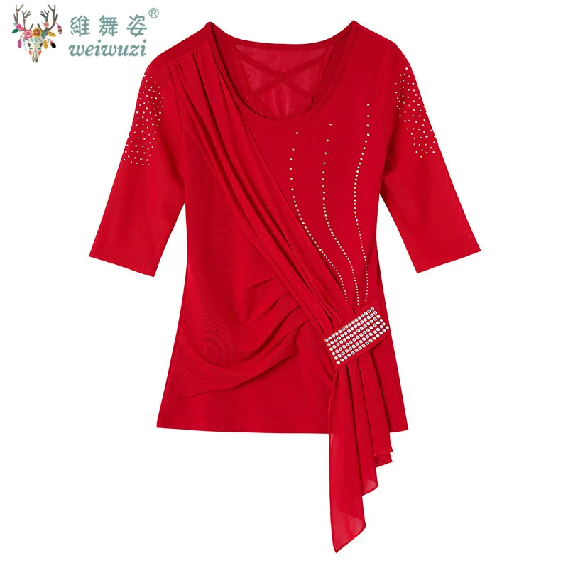 

Latin Dance Top Black Red Female Adult Modern Dance Dress Lace Mid-sleeved Hot Diamond National Standard Modern Dance T-shirt