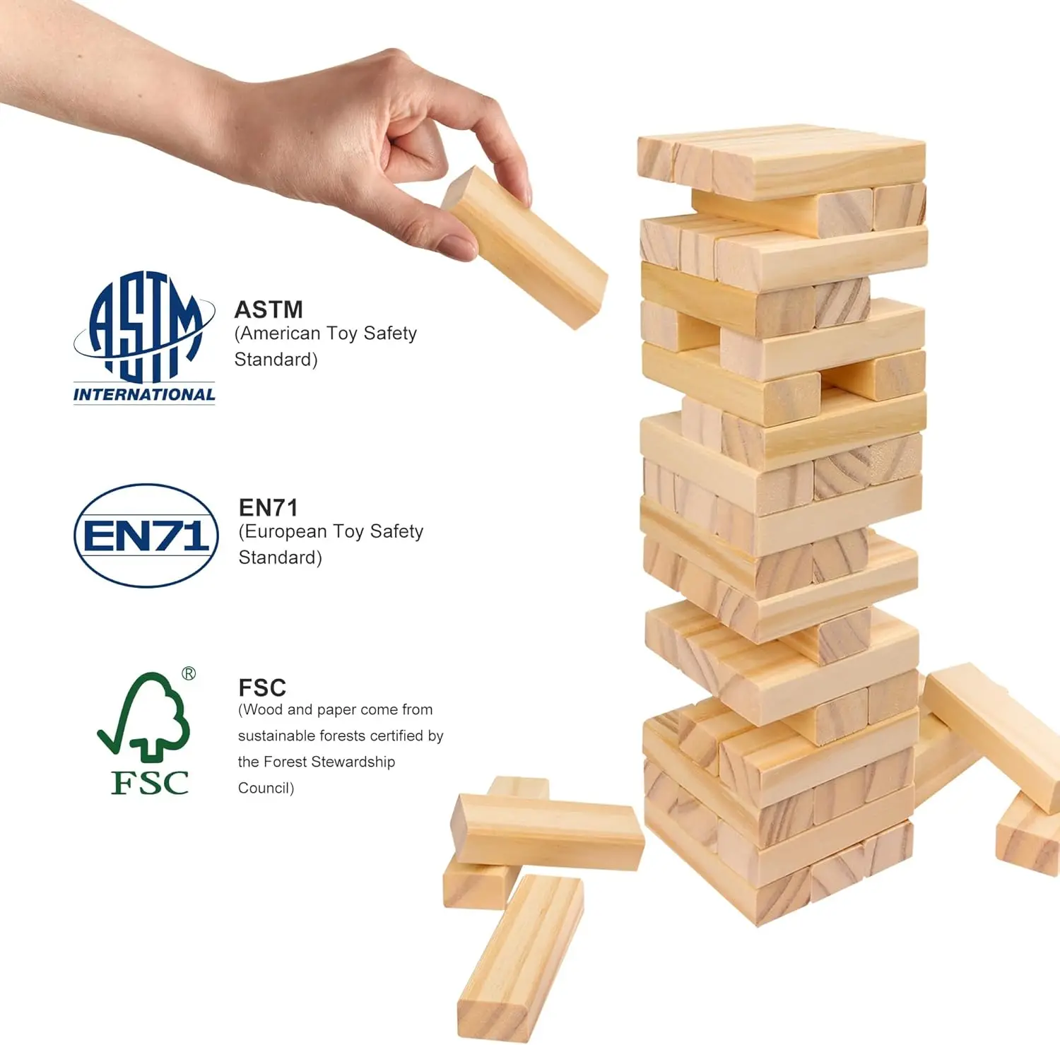 ألعاب تراص الكتل الخشبية - 54 قطعة من لعبة كتل البرج المتدلي للأطفال والكبار، ألعاب لوحية عائلية، ألعاب مونتيسوري مع نات