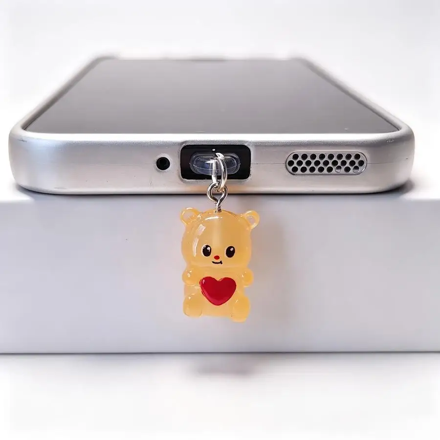 1/5/10/20/50/100pcs Glow-in-the-Dark Cell Phone Charging Port Cover Pendant with a Bear Holding a Heart, Cell Phone Decorative A