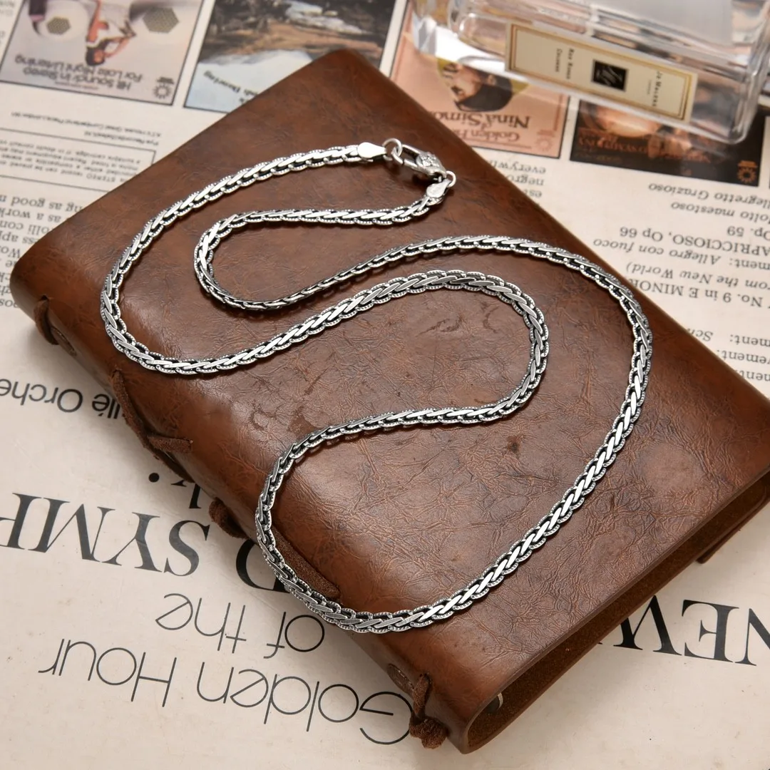 S925 silver necklace retro braided keel chain trendy national style high-end niche silver chain for boys