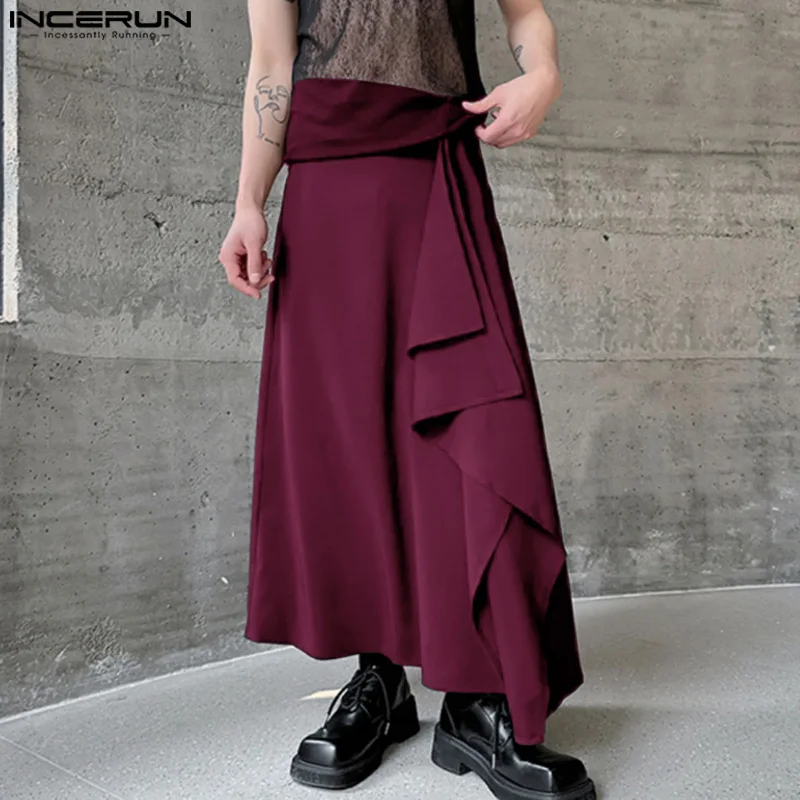 

INCERUN 2024 Korean Style Trousers Men Irregular Hem Design Long Pants Casual Streetwear Male Loose Solid Skirts Pantalons S-5XL