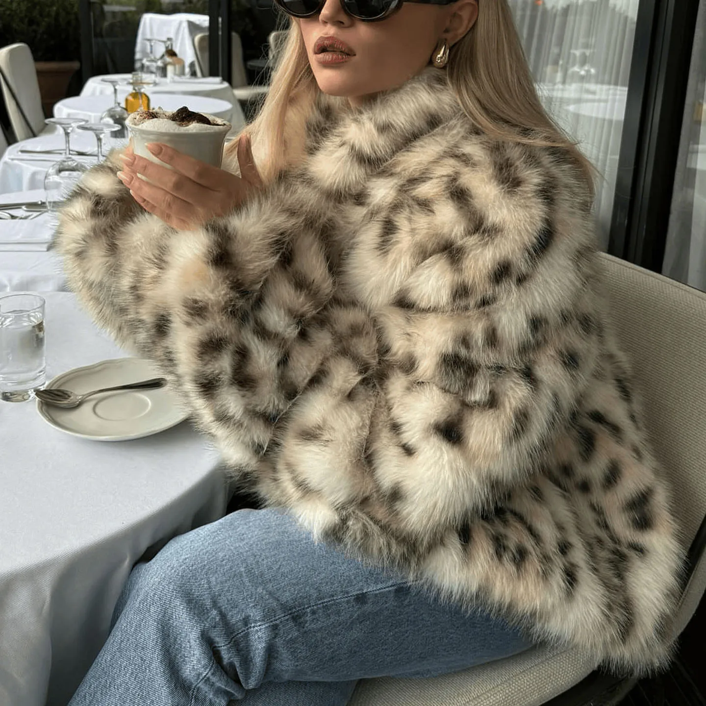 패셔너블한 레오파드 프린트 인조 모피 코트 롱 플러스 여성용 슬레 가을 2025 신상품 엘리 유스 스탠드 핏