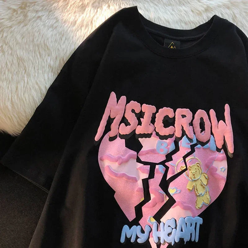 Camisetas con estampado de dibujos animados para mujer, camiseta informal Harajuku con gráfico de manga corta y corazón bonito de gran tamaño para
