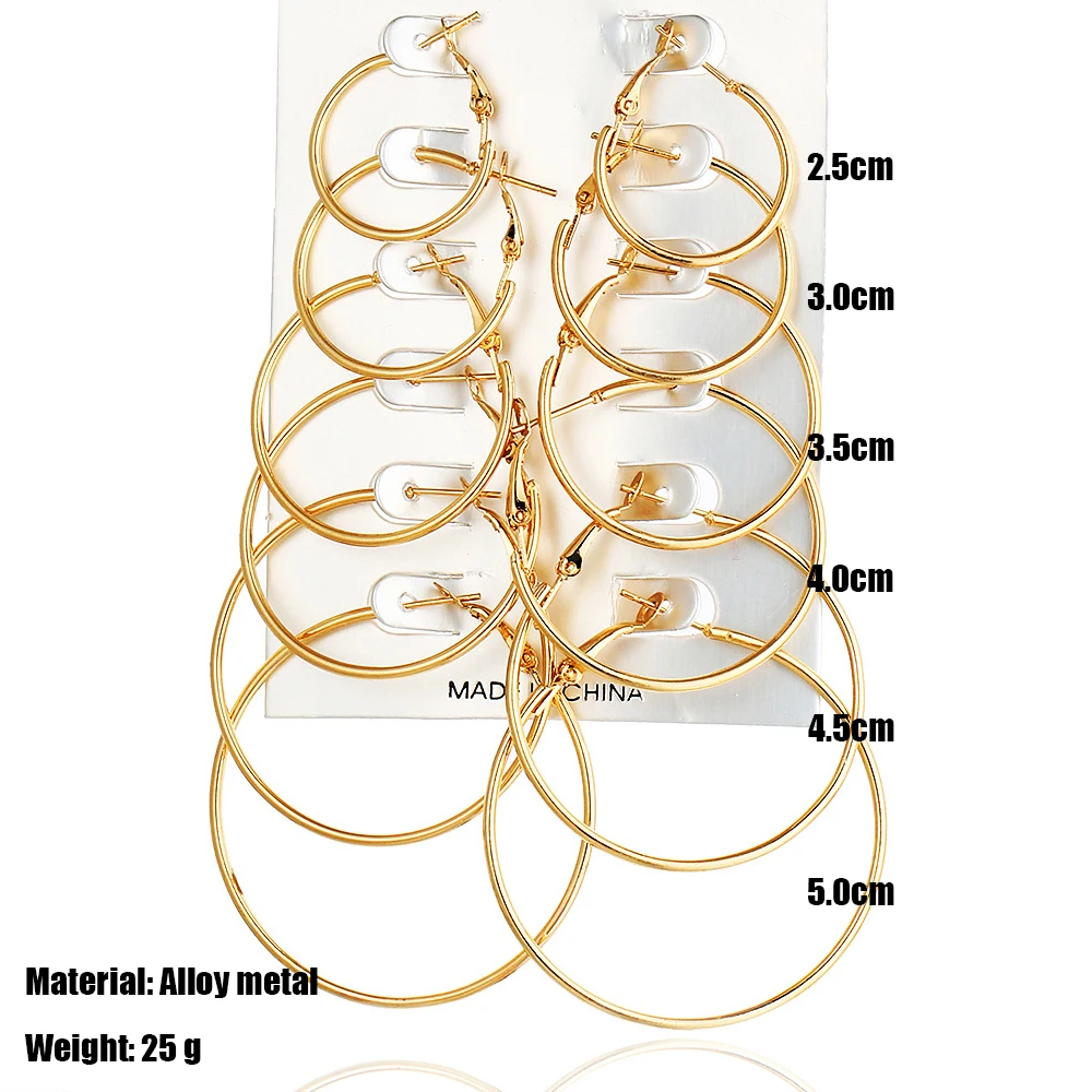 6 Pairs Hyperbole Big Gold Color Metal Hoop Earrings Set for Women Simple Round Circle Earring Female Silver Color Daily Jewelry