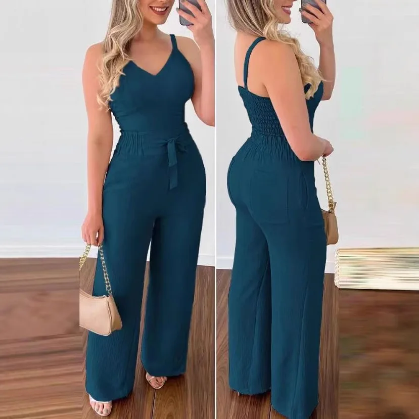 

2026 Summer New Two-Piece Women's Casual Solid Color V-Neck Elastic Vest Top+High Waist Straight Leg Pants Set Female Clothing