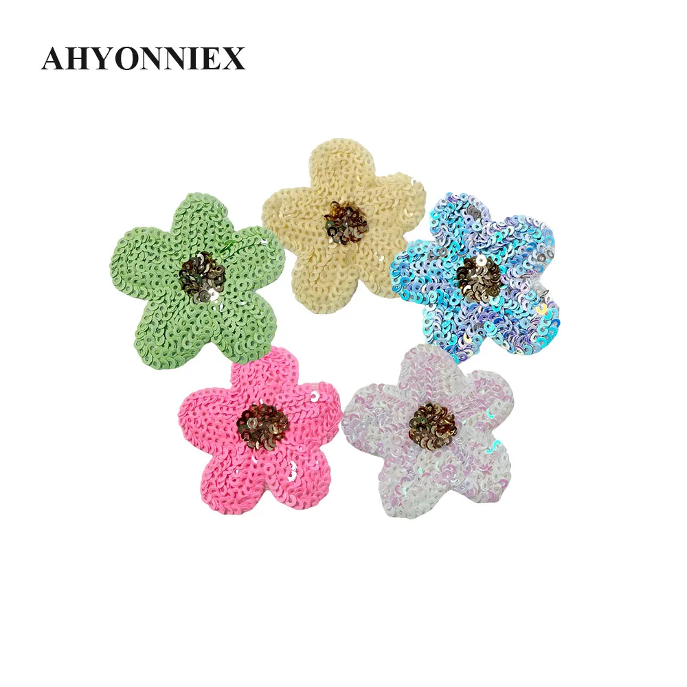5pcs/Lot Small Shining Pink Green Yellow Blue Sequins Flower Parch For Costume Dress Coat Iron On Patch for Clothing