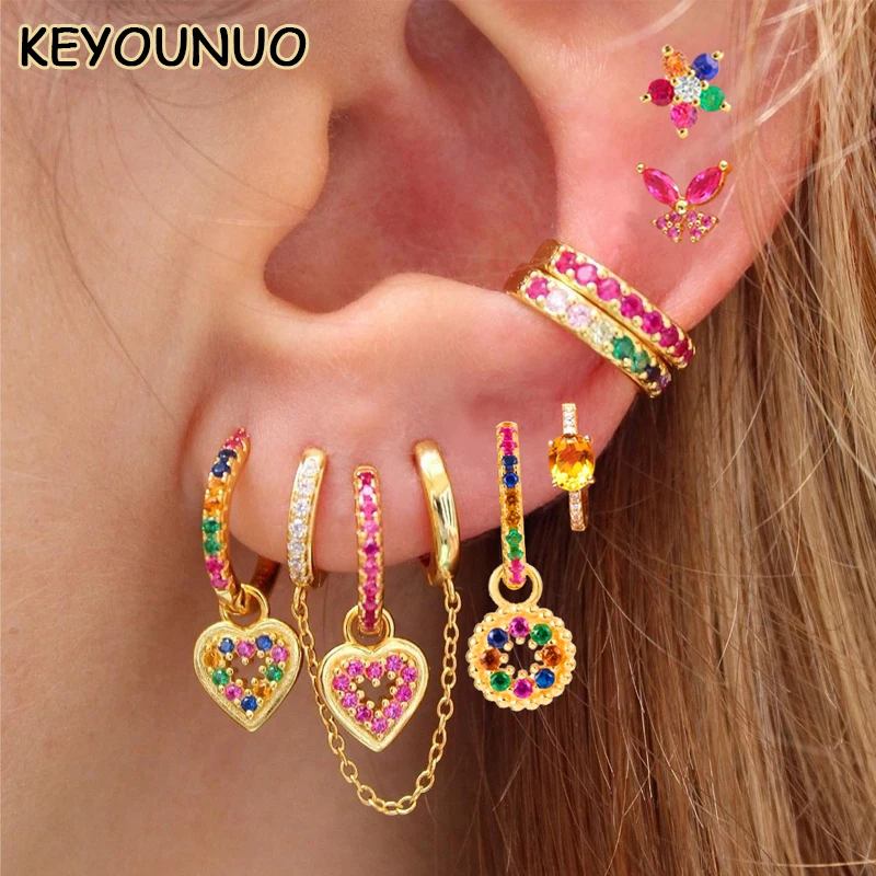 

KEYOUNUO Gold Filled Hoop Dangle Earrings Set For Women Ear Cuffs Colorful Zircon Stud Earrings Fashion Party Jewelry Wholesale