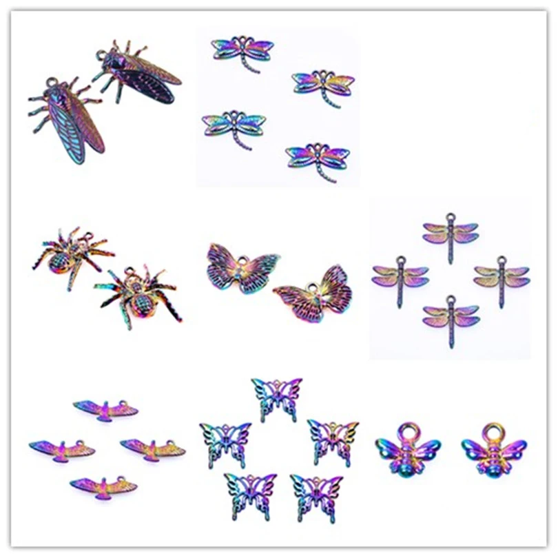 10pcs Dragonfly Hawk Moth Charms Rainbow Color Butterfly Owl Spider Charms Alloy Pendant For Jewelry Making DIY Necklaces Gifts