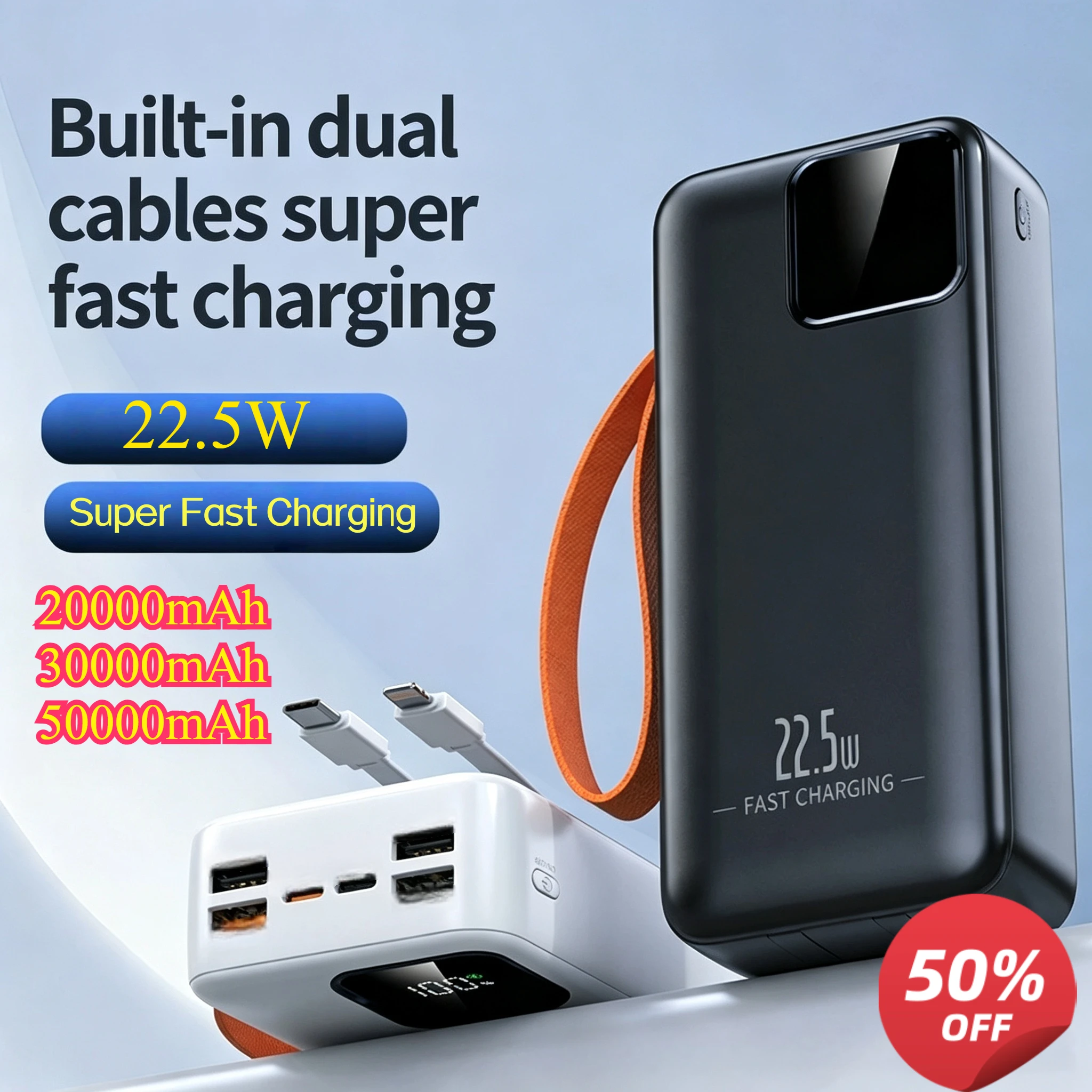 Портативный внешний аккумулятор (Power Bank) 20000 мАч, 30000 мАч, 50000 мАч с быстрой зарядкой 22.5 Вт для iPhone, Xiaomi, Redmi, Poco