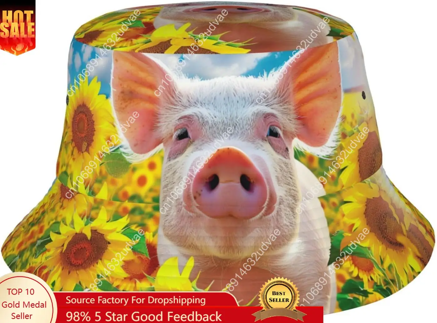 

Cute Pigs Sunflowers Bucket Hat Fisherman Cap for Women Men Trippy Art Casual Travel Beach Sun Hats for Summer