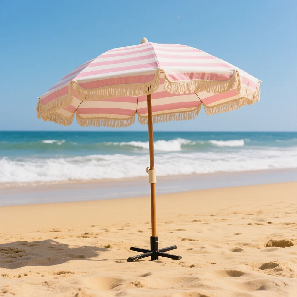 Custom Outdoor Adjustable Protection Material Beach Parasol Wedding Garden Patio With Fringe Tassel Umbrella Tilt Sun Shelter