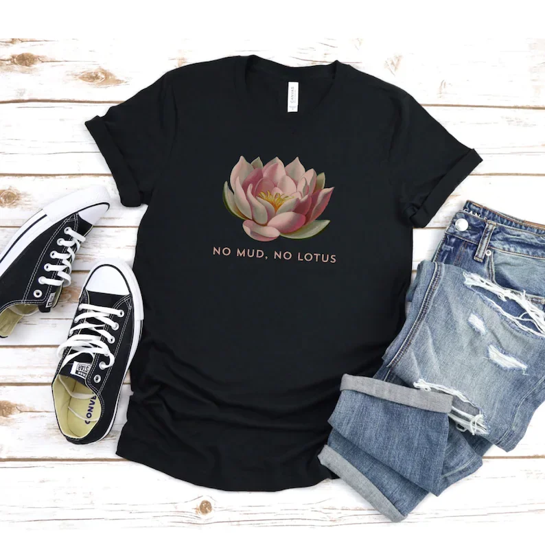 Camiseta de manga curta das mulheres, impressão engraçada, gráfico, O pescoço, lótus, flor, zen, dom budista, sem lama