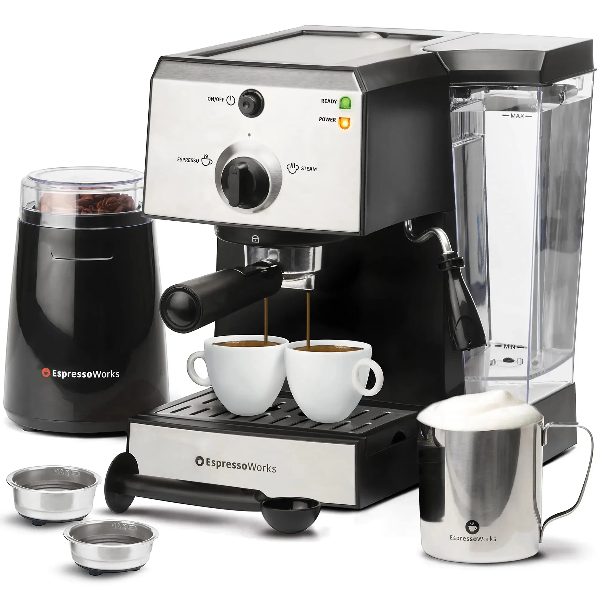 Espresso Machine with Milk Frother, All-in-One, Latte Maker, Grinder, Frothing Pitcher, Cups, 7-Piece Set