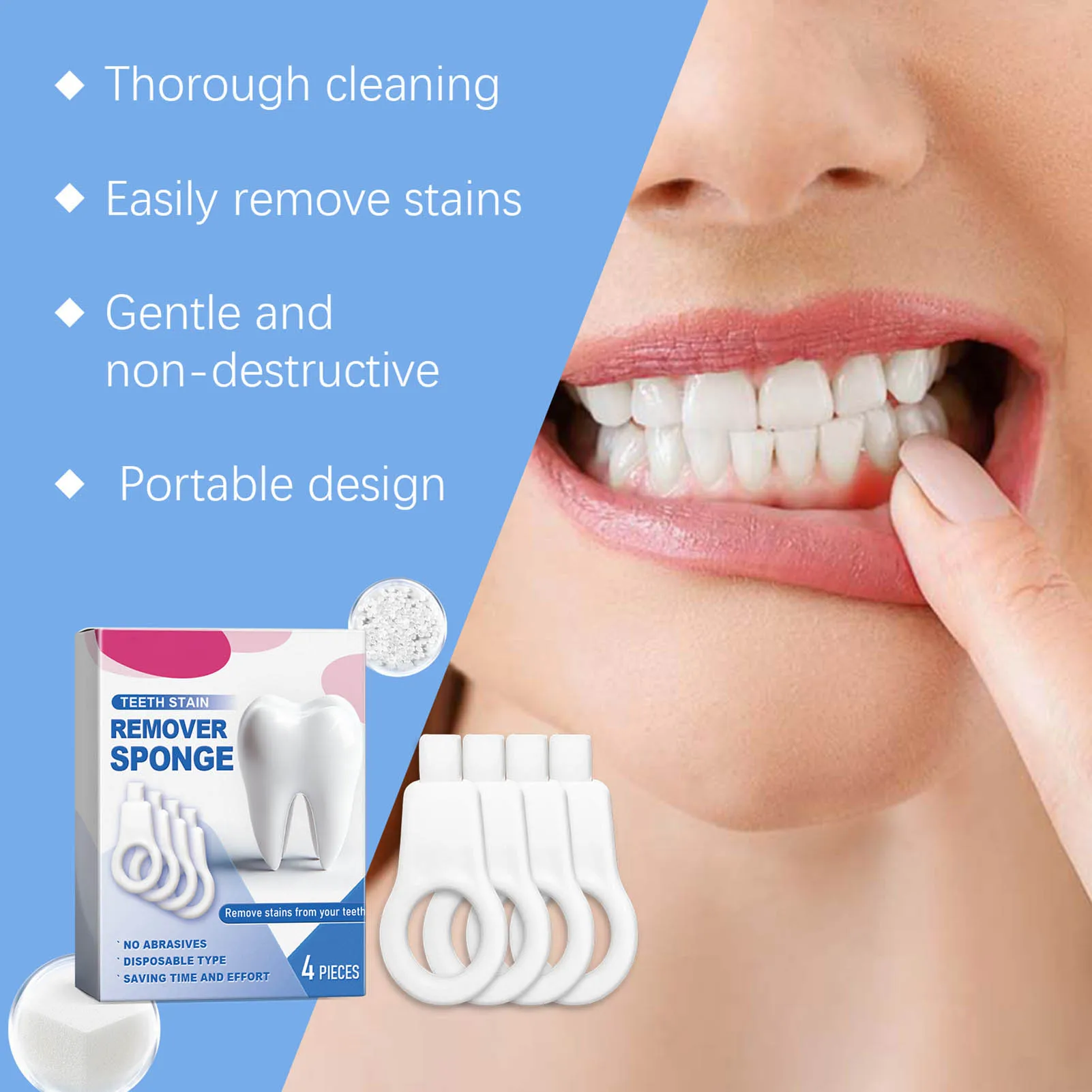 

4pcs Teeth Cleaning Sponge Tooth Stain Removal Teeth Whitening Tool for Home Office Travel Daily Use