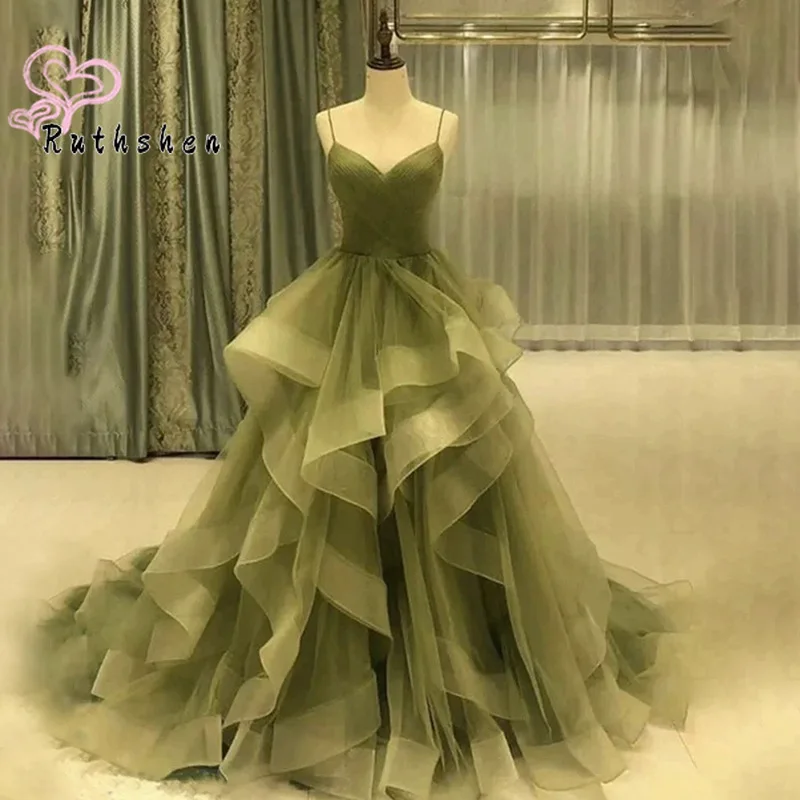 

Fairy Green Evening Dresses Spaghetti Straps Ruffles Layers Pleated Long Party Prom Gown Vestidos Para Mujer Elegantes Y Bonitos